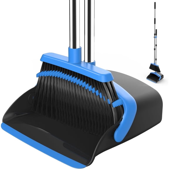 Broom and Dustpan Set, 52-in Long Adjustable Handle Combo with Teeth to Automatically Clean Hair Suitable for Home Kitchen Office Hall Floor&Blue