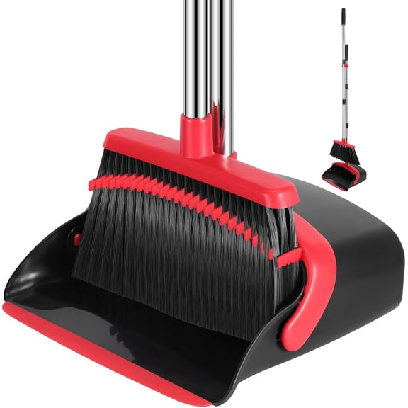 Broom and Dustpan Set, 52-in Long Adjustable Handle Combo with Teeth to Automatically Clean Hair Suitable for Home Kitchen Office Hall Floor&Red