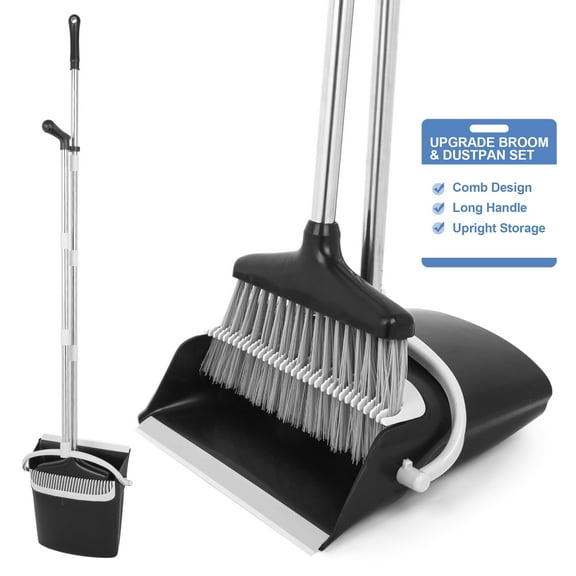 Broom and Dustpan Set 54 inches Long Handle (Black Grey)