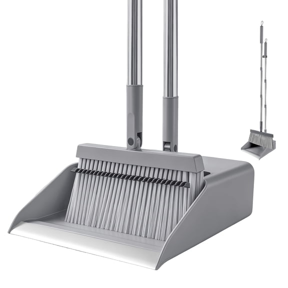 RTYSGNW Gray Broom and Dustpan Set with Long Adjustable Handle for Home Kitchen Office Cleaning