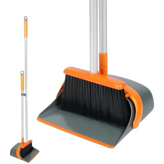 Broom and Dustpan Set with 54 Inch Long Handle - Perfect Dust Pan and Brush Combo for Home Efficient Cleaning (Orange and Grey)