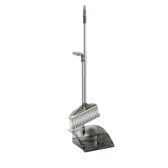 Broom and Dustpan Set with Adjustable Long Handle, Upright Combo for Floor, Cleaning Lobby, Gray