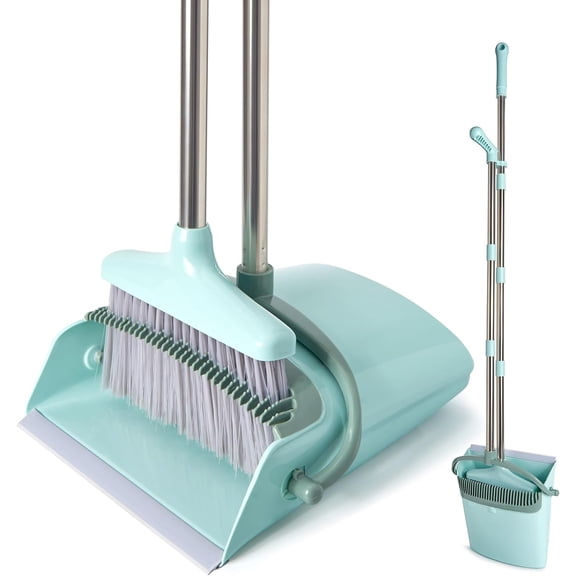 Broom and Dustpan Set with Cleaning Teeth, 55" Long Handle Indoor Sweeping Combo for Home Office Kitchen, Bluish Green
