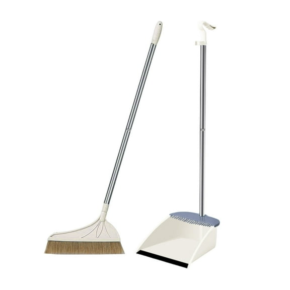 Broom and Dustpan Set with Long Handle, Upright Standing Design, Indoor Outdoor Cleaning Combo, Khaki (B)