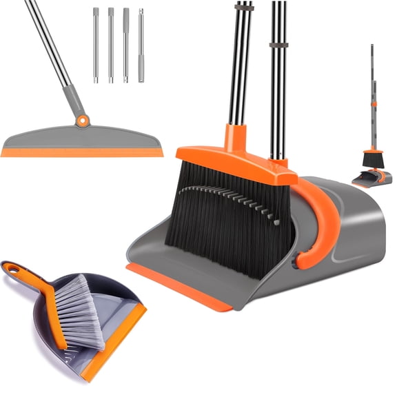 Broom and Dustpan Set with Silicone Floor Squeegee and Mini Brush, 3-in-1 Home Cleaning Kit, Orange