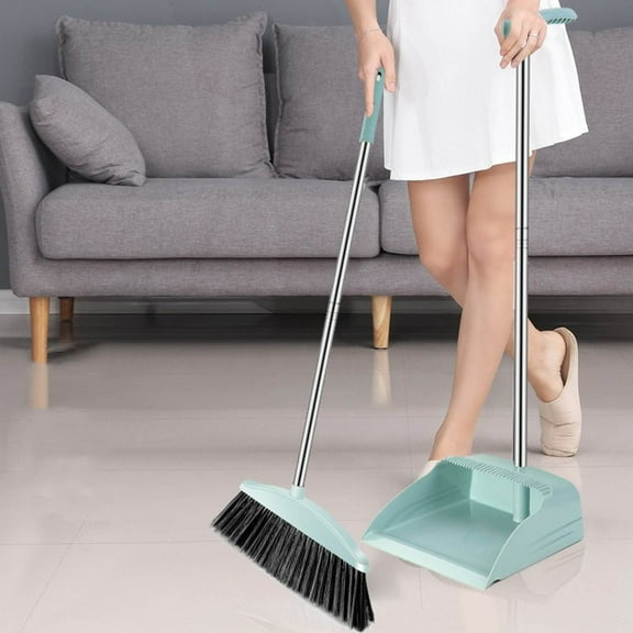 Broom and Dustpan Set with Squeegee Long Handle Stainless Steel 2 in 1 Combo for Home Office Kitchen Floor Cleaning