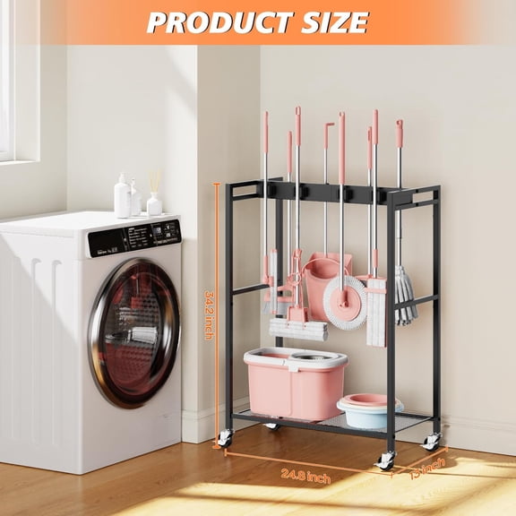 Broom and Mop Holder Storage Cabinet with Wheels, Heavy Duty Cleaning Cart for Laundry Room Organization