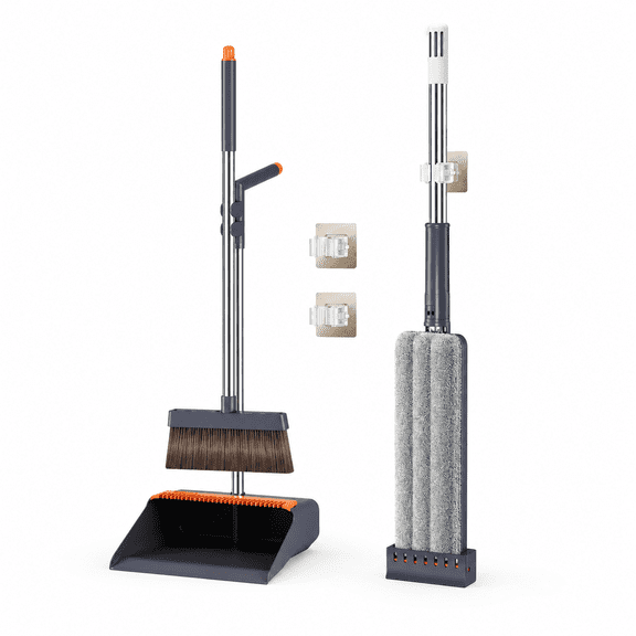 Generic Broom Dustpan & Flat Microfiber Mop Combo, 3-in-1 Floor Cleaning Kit with Wall Mount Hooks for Home Kitchen Bathroom