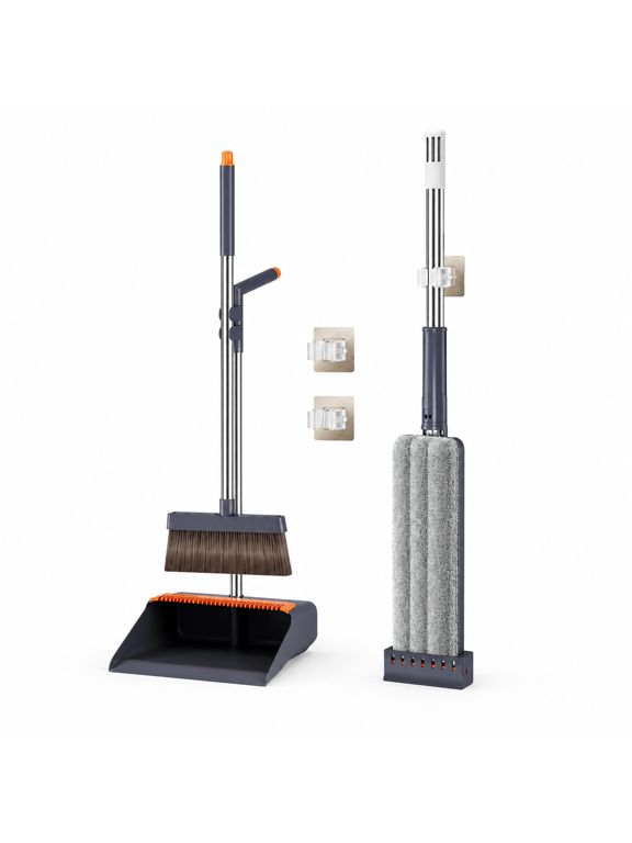 Broom Dustpan & Flat Microfiber Mop Combo, 3-in-1 Floor Cleaning Kit with Wall Mount Hooks for Home Kitchen Bathroom