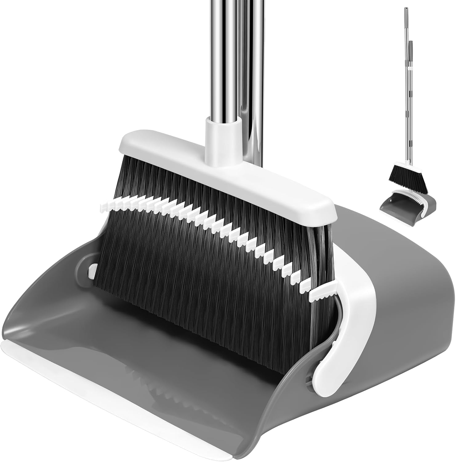 Broom and dustpan set, long adjustable handle broom dustpan combination with dustpan teeth, can automatically clean hair, suitable for home kitchen office hall floor
