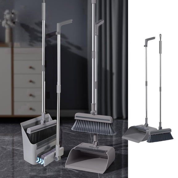 Brooms And Dustpan 3-in-1 Set,Long Handle Floor Brush Combo Household Cleaning Supplies Heavy Duty Bristles Efficient Sweeping,Space Saving Cleaning Tools for Living Room Kitchen Office-Free Size