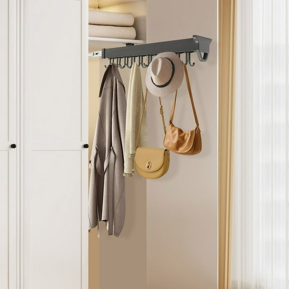 Black Brooms and Mops Pull Out Storage Rack, Wall Organizer with 20 Hooks for Laundry Room, Kitchen