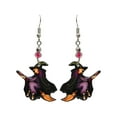 thumbnail image 1 of Broomstick Witch Halloween Themed Graphic Dangle Earrings - Womens Fashion Handmade Jewelry Holiday Accessories, 1 of 2