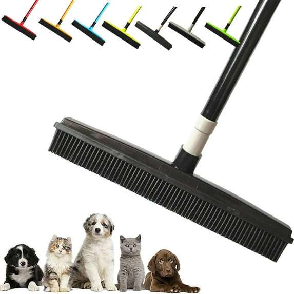 Broomwiz Pet Hair Removal, Broomwiz Carpet Scrubber, Broom Wiz Pet Hair Removal, Rubber Carpet Broom with 27-47" Adjustable Handle, Pet Hair Broom with Squeegee for Carpet, Hardwood Floor (Black)