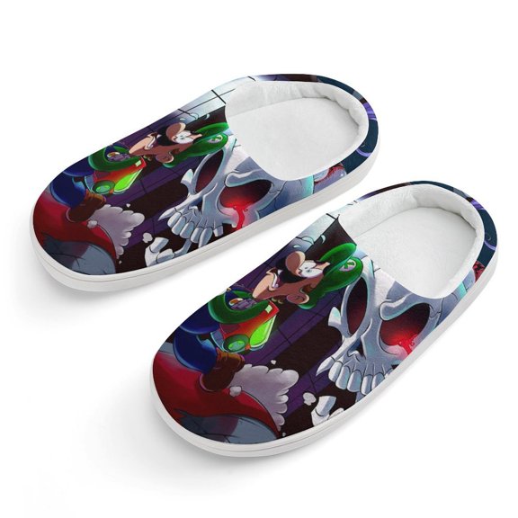 Bros Luigi's Mansion Cotton Slippers For Kids Winter Warm Soft Plush Slippers with Rubber Sole Non-Slip Indoor Outdoor Slip on Shoes For Teen Boys Girls Children