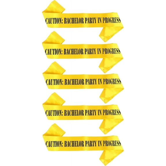 Brosash 5 Pack Caution: Bachelor Party In Progress Groom Sashes - Yellow Sashes with Black Lettering