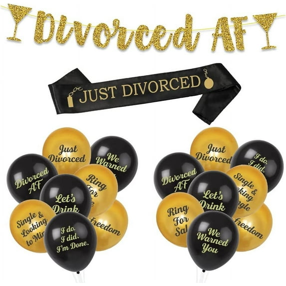 Brosash Divorce Party Decor Kit - Gold Divorced AF Banner, Funny Balloons with Sash for Men & Women