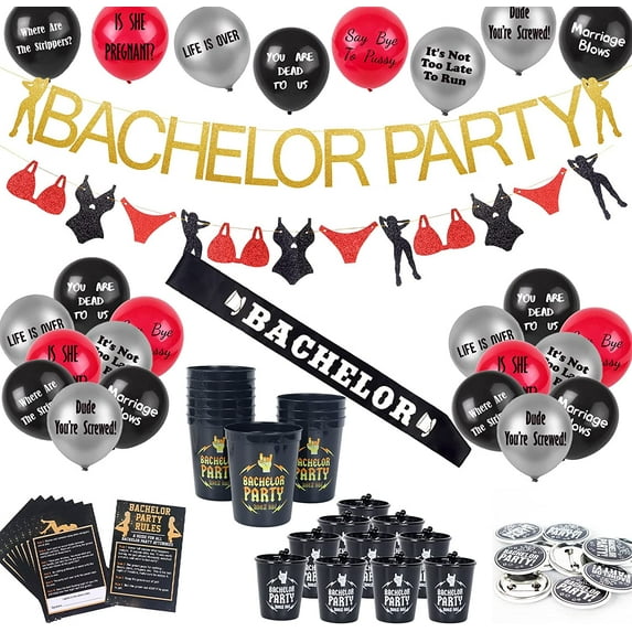 Brosash Huge Bachelor Party Set - Banners, Shot Glasses, Balloons, Cups, Sash & More | Gifts for Groom to Be