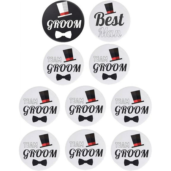 Brosash Team Groom Buttons - (1) Groom Button, (1) Best Man Button & (8) Team Groom Buttons