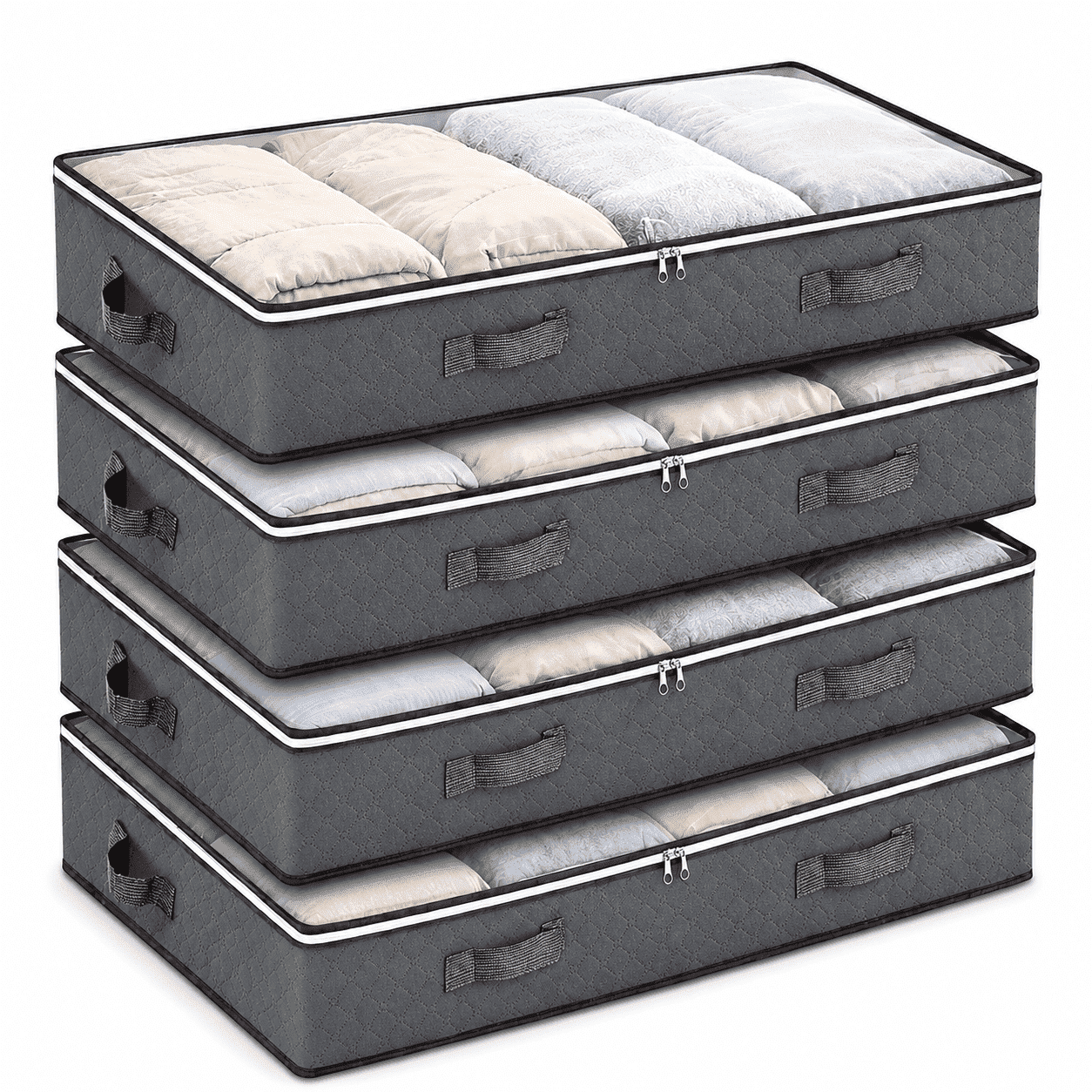 Brotasdro 4 Pack 90L Under Bed Storage Bags with Clear Window & Reinforced Handles, Foldable, Moisture-Resistant, Gray
