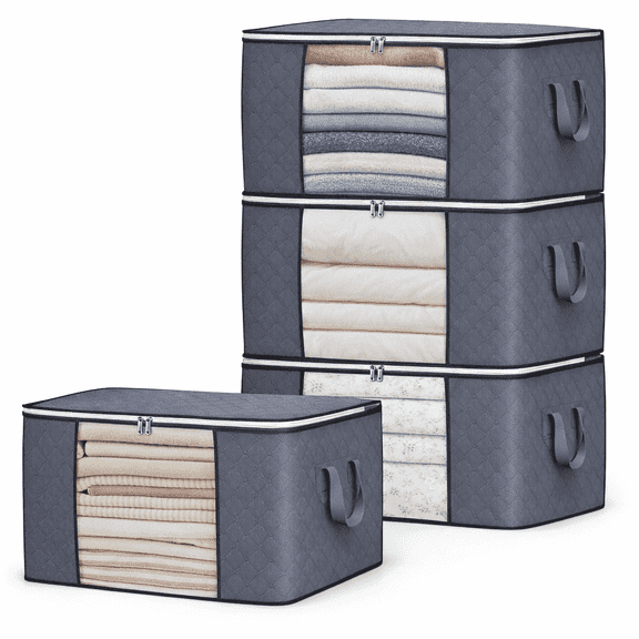 Brotasdro Large Foldable Fabric 90L Closet Storage Organizer Bags, Gray, 4 Pack