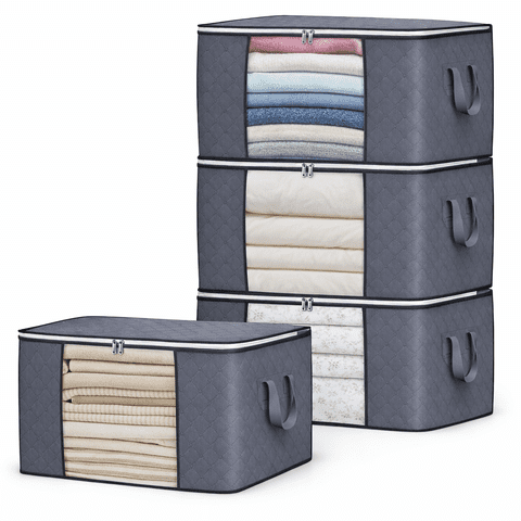 Brotasdro 4 Pack 90L Large Storage Bags with Clear Window & Reinforced Handles, Foldable Closet Organizer for Clothes, Blankets & Comforters, Gray