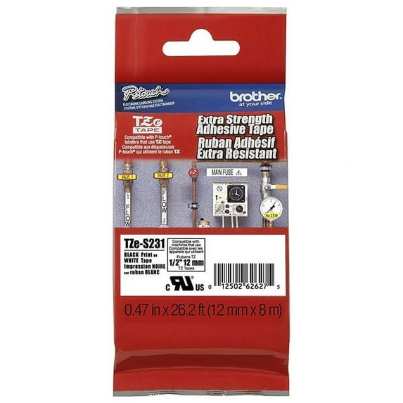 Brother 1/2" (12mm) Black Print on White Extra Strength Adhesive P-touch Tape for Brother PT-1170S, PT1170S Label Maker