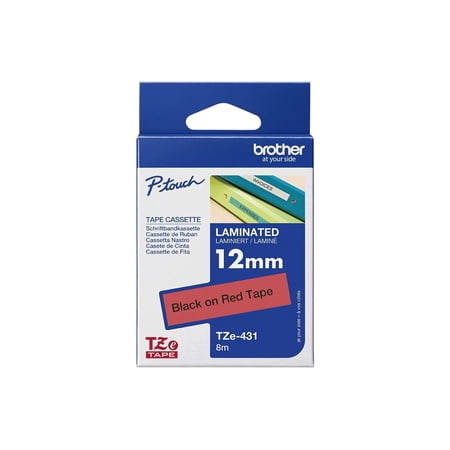 Brother TZe-431 Labelling Tape Cassette, Black on Red, 12 mm (W) x 8 m (L), Laminated, Brother Genuine Supplies