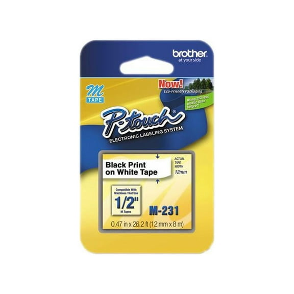 Brother 12mm (1/2") Black on White Non-Laminated Tape (8m/26.2') (1/Pkg)