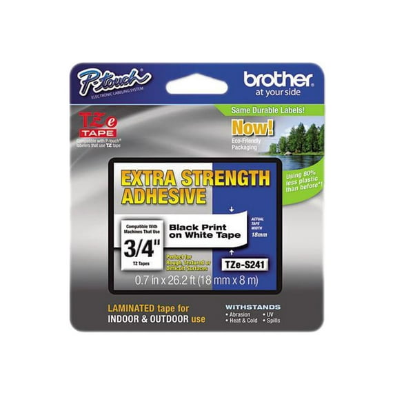 Brother 18mm (3/4") Black on White Extra Strength Super Adhesive Industrial Tape (8m/26.2') (1/Pkg)