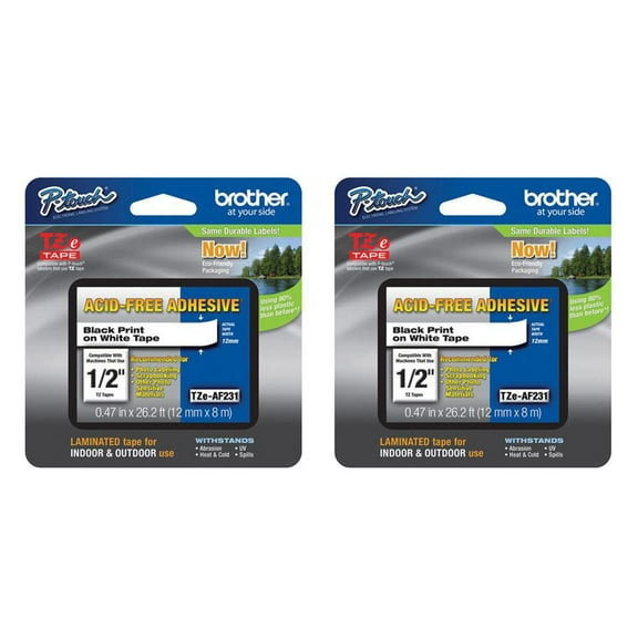 Brother 2 Pack 0.47" Black Print on White Laminated Tape with Acid-Free Adhesive (26.2')