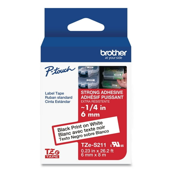 Brother TZES211 6mm (0.23") Black on White Tape with Extra Strength Adhesive, 8m