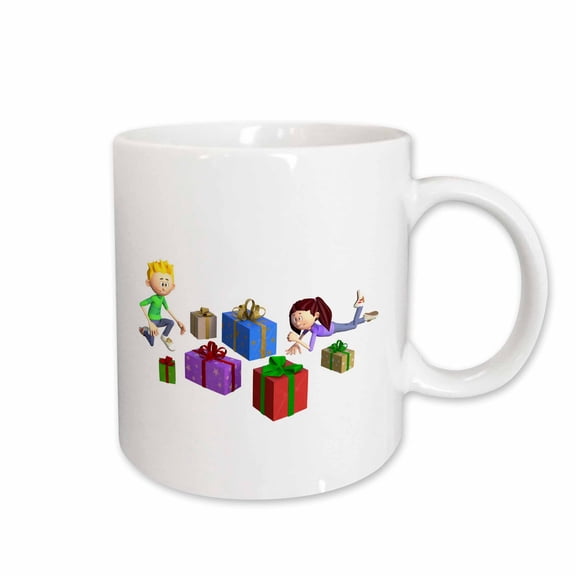 3drose, Brother and Sister Opening Presents, 11oz Mug
