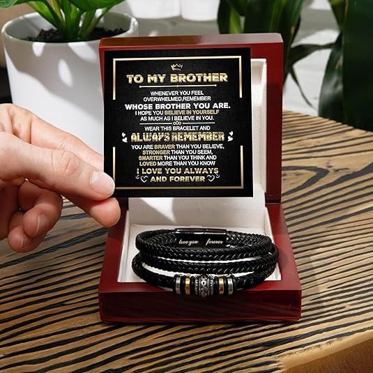 To My Brother Bracelet, Christmas Gift for Brother, Leather for Men With Message Card and LED Box, Brothers Bracelets Gift, Birthday Gift for Brother From Sister