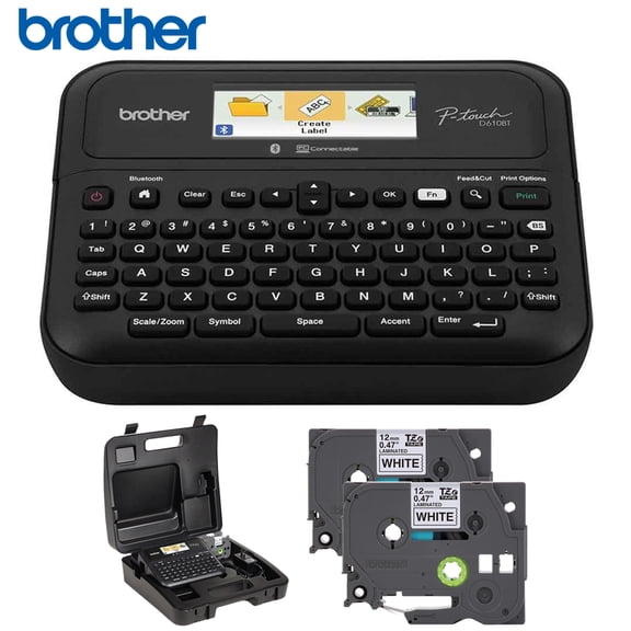 Brother Business Professional Connected Label Maker Bundle with Carrying Storage Case and TZe2312PK P-touch Black Print on White Laminated Label Tape