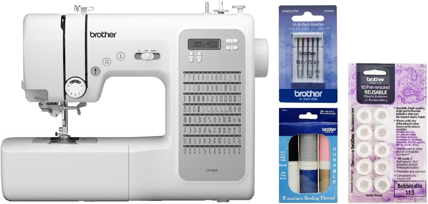 Brother CP100X Computerized Sewing and Quilting Machine, Premium Thread 6-Pack, Pre-Wound Bobbins 10-Pack and Sewing Machine Needles 5-Pack