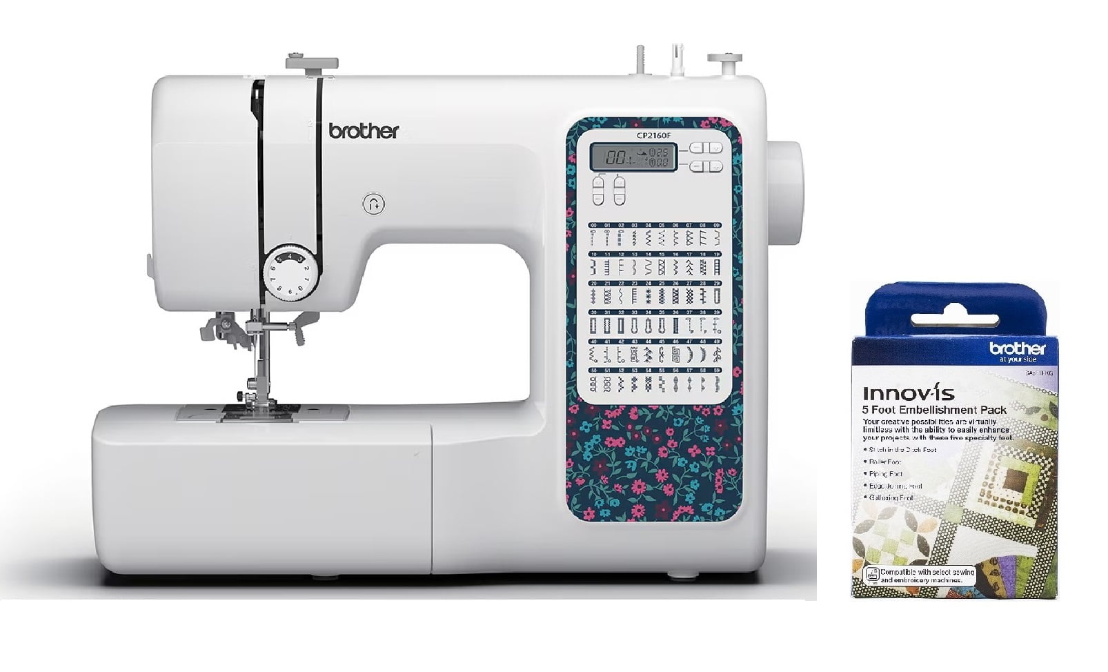 Brother CP2160F Computerized Sewing Machine with 60 Built-In Stitches, LCD Display, 7 Included Feet, and SA5FTPKG 5-Foot Embellishment Pack