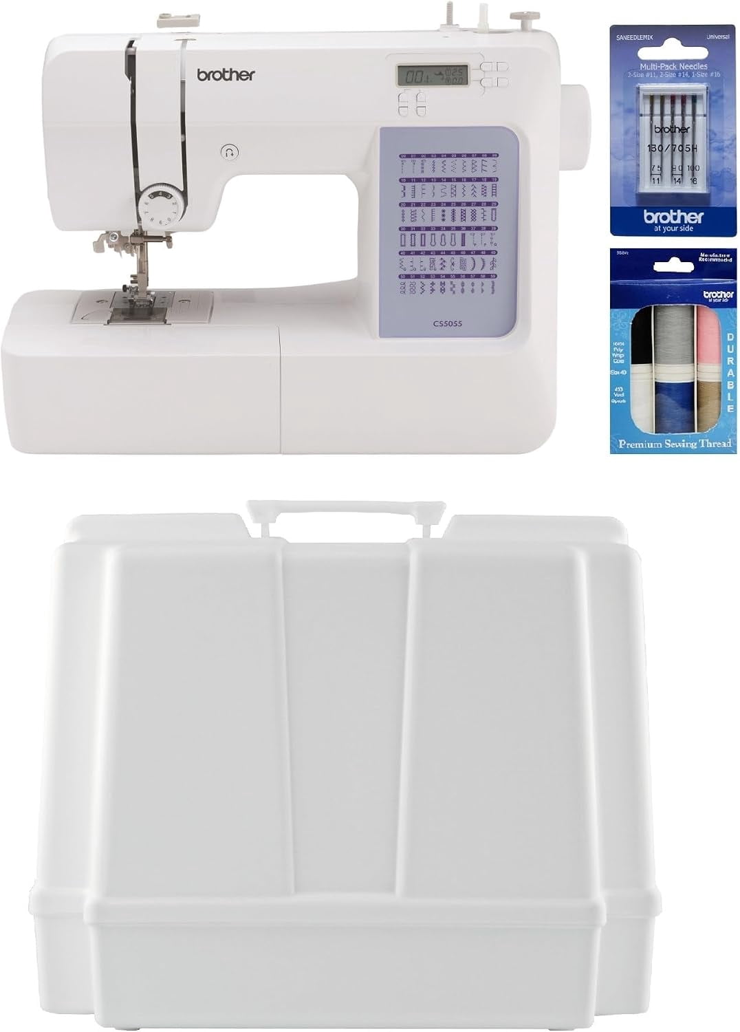 Brother CS5055 Computerized Sewing Machine, Hard Plastic Storage and Carry Case, Premium Thread 6-Pack and Sewing Machine Needles 5-Pack
