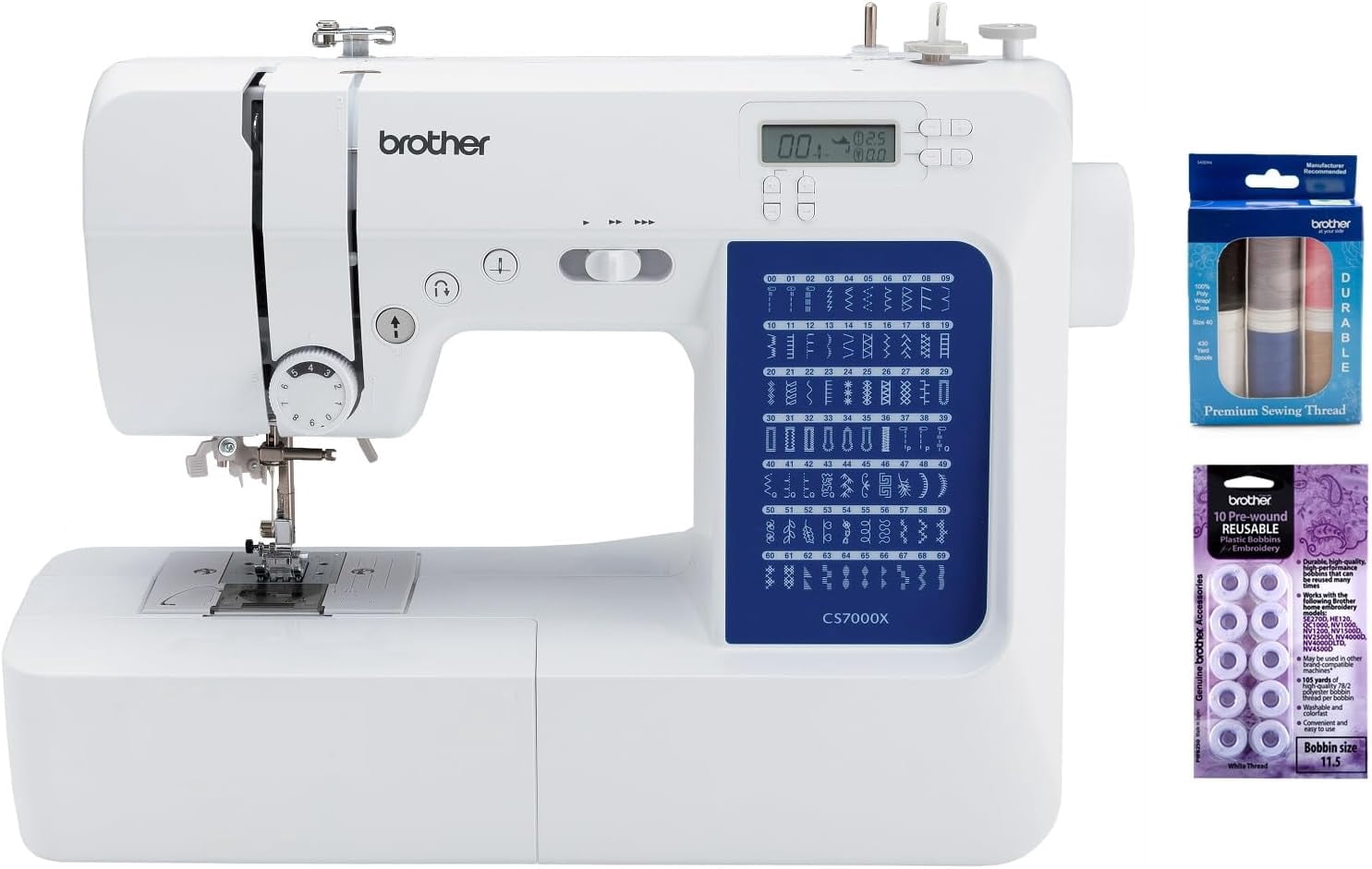 Brother CS7000X Computerized Sewing and Quilting Machine (70 Built-in Stitches) + SASEW6 6-Piece Thread Pack + PWB250 Pre-Wound Embroidery Bobbins (10 Pack, White)
