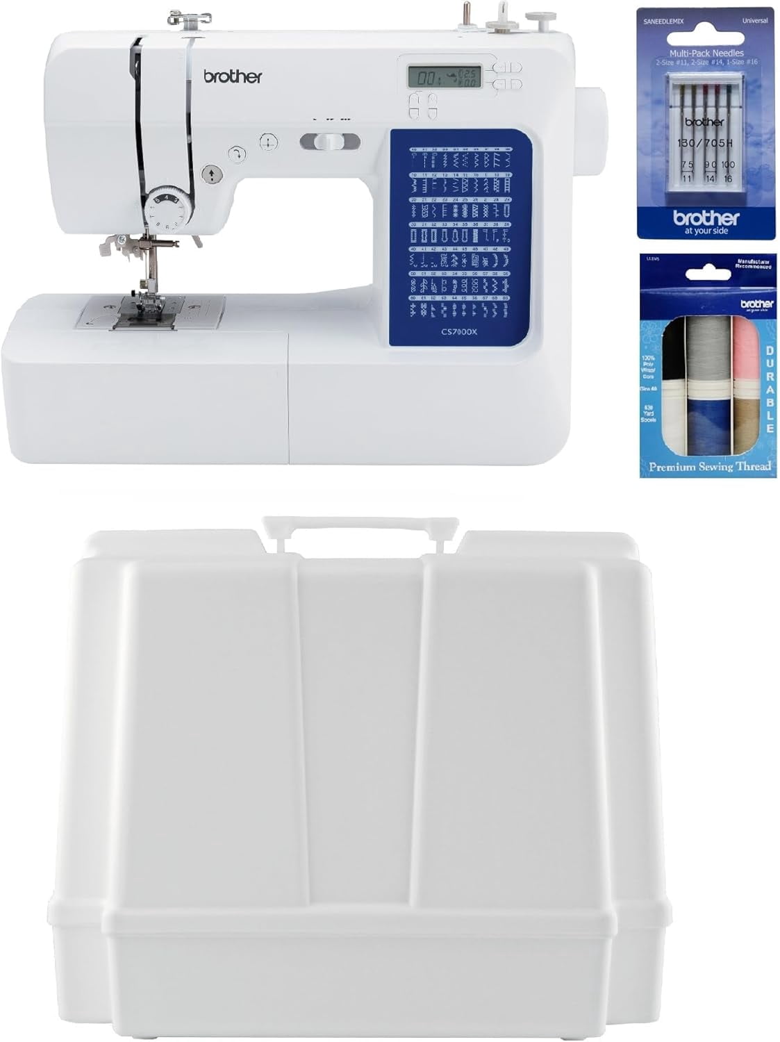 Brother CS7000X Computerized Sewing and Quilting Machine, Hard Plastic Storage and Carry Case, Premium Sewing Thread 6-Pack and 5-Piece Sewing Machine Needles