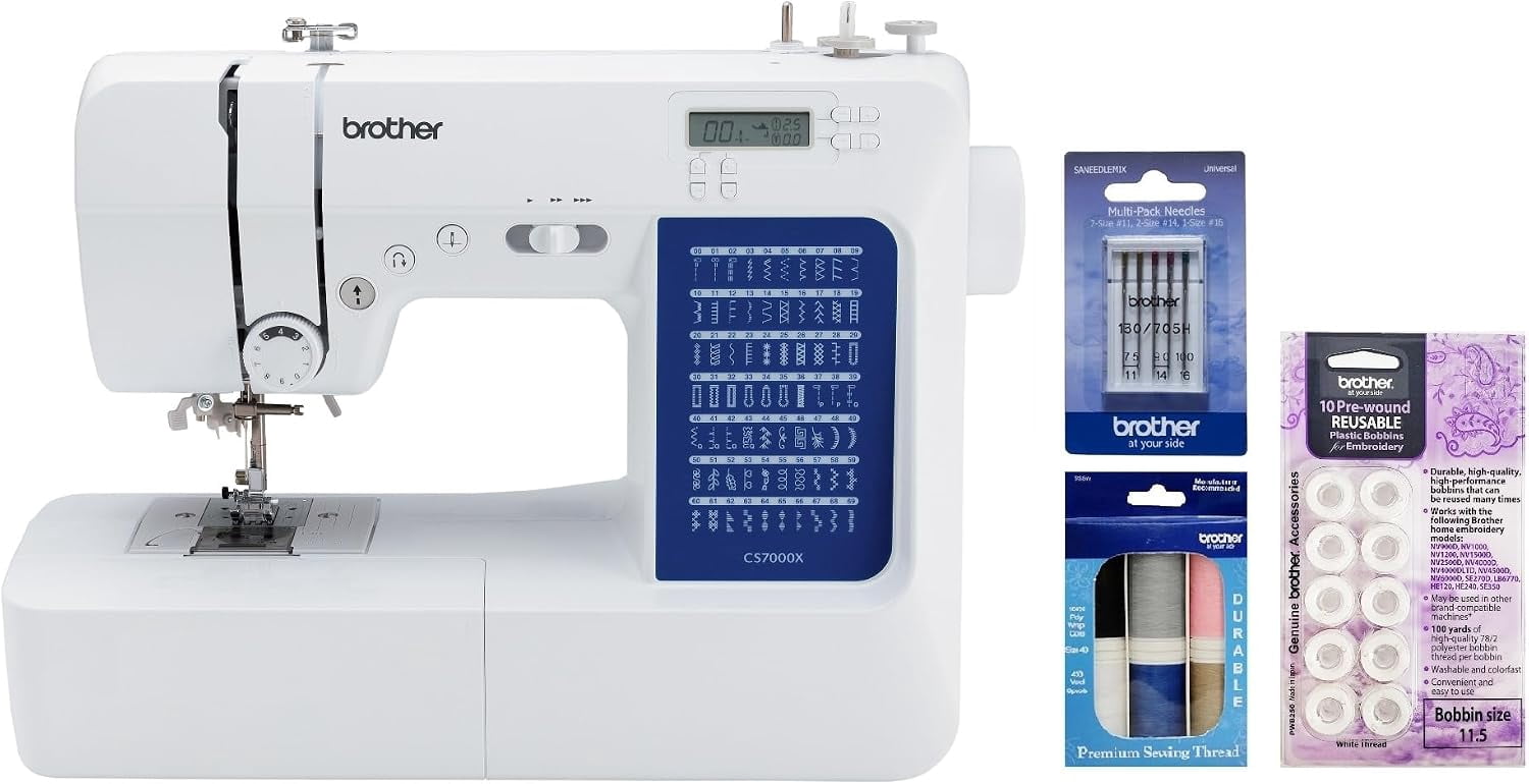 Brother CS7000X Computerized Sewing and Quilting Machine, Premium Thread 6-Pack, Pre-Wound Bobbins 10-Pack and Sewing Machine Needles 5-Pack