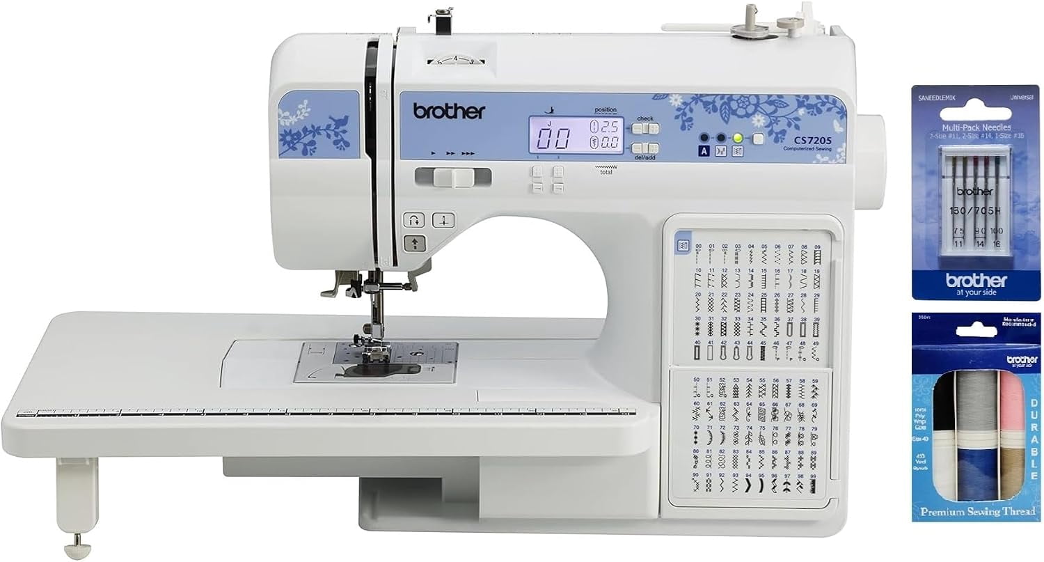 Brother CS7205 Computerized Sewing Machine with Wide Table, 150 Built-in Stitches, 11 Included Sewing Feet, Premium Thread 6-Pack and Sewing Machine Needles 5-Pack