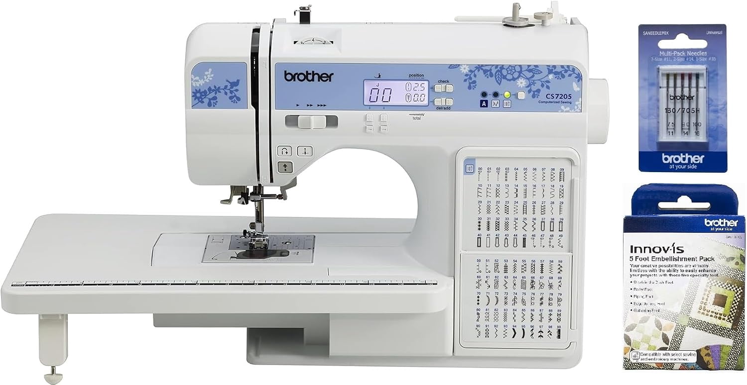 Brother CS7205 Computerized Sewing Machine with Wide Table, 150 Built-in Stitches, SA5FTPKG 5-Foot Embellishment Pack and Sewing Machine Needles 5-Pack