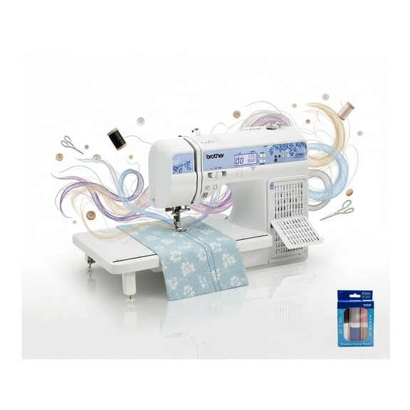Brother CS7205 Computerized Sewing Machine with Wide Table 205 Built-In Stitches and 6-Piece Double Snap Spools Bundle