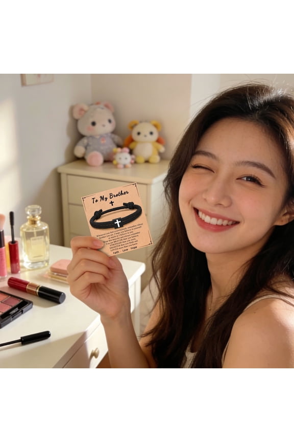 To My Brother Cross Braided Rope Bracelet, Adjustable Black Rope Bracelet with Custom Message Card, Christian Faith Wristband, for Brother Christian Baptism Graduation Valentines Day Gift