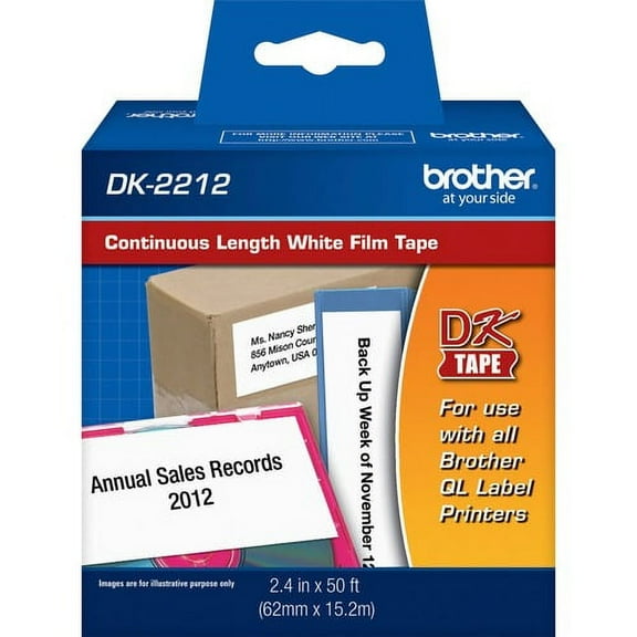 Brother DK2212 - Continuous Length Film Tape - 2.44" Width x 50 ft Length - Direct Thermal - White - 1 / Roll | Bundle of 5 Rolls