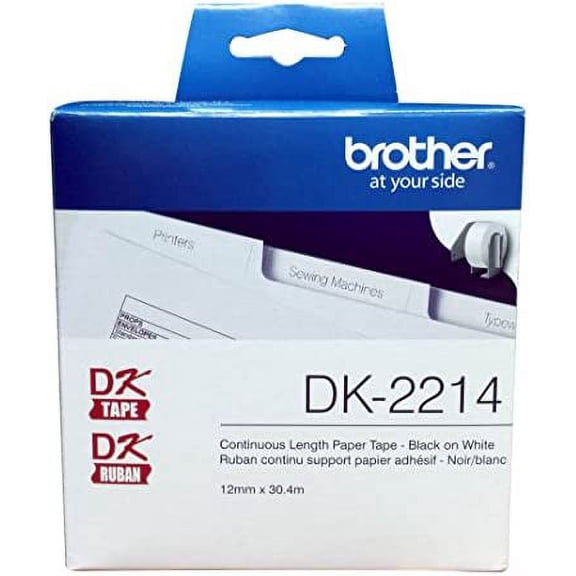 Brother Genuine DK-2214 Continuous Length Black on White Paper Tape for Brother QL Label Printers, 0.47" x 100' (12mm x 30.4M), 1 Roll per Box, DK2214