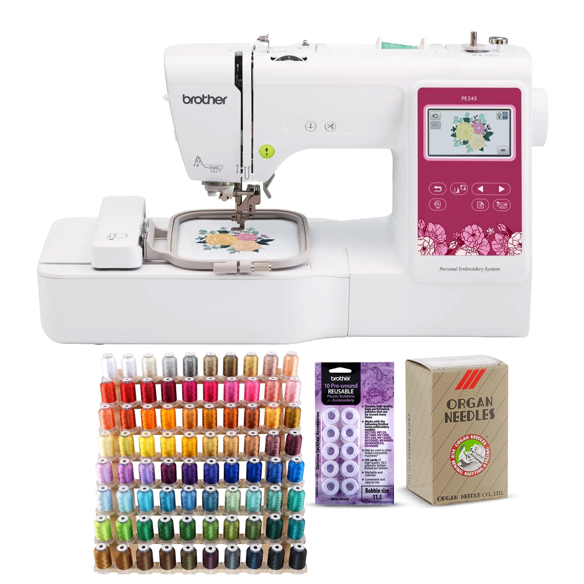 Brother Elite PE545 3.7-Inch LCD Touch Display Computerized Embroidery Machine Bundle with Needles, Bobbins and Thread Kit (4 Items)