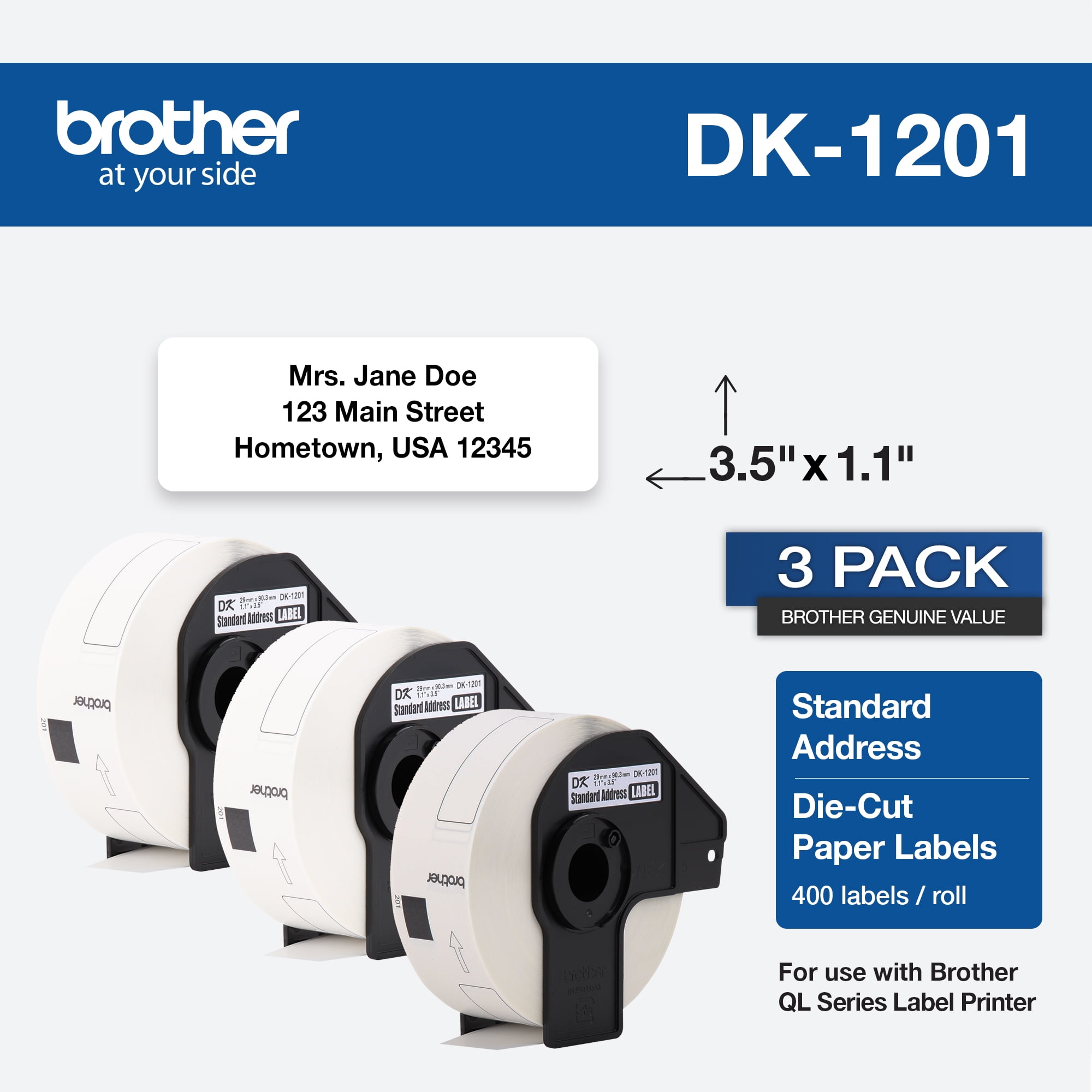 Brother Genuine DK-12013PK Die-Cut Standard Address Labels – 3 rolls per box