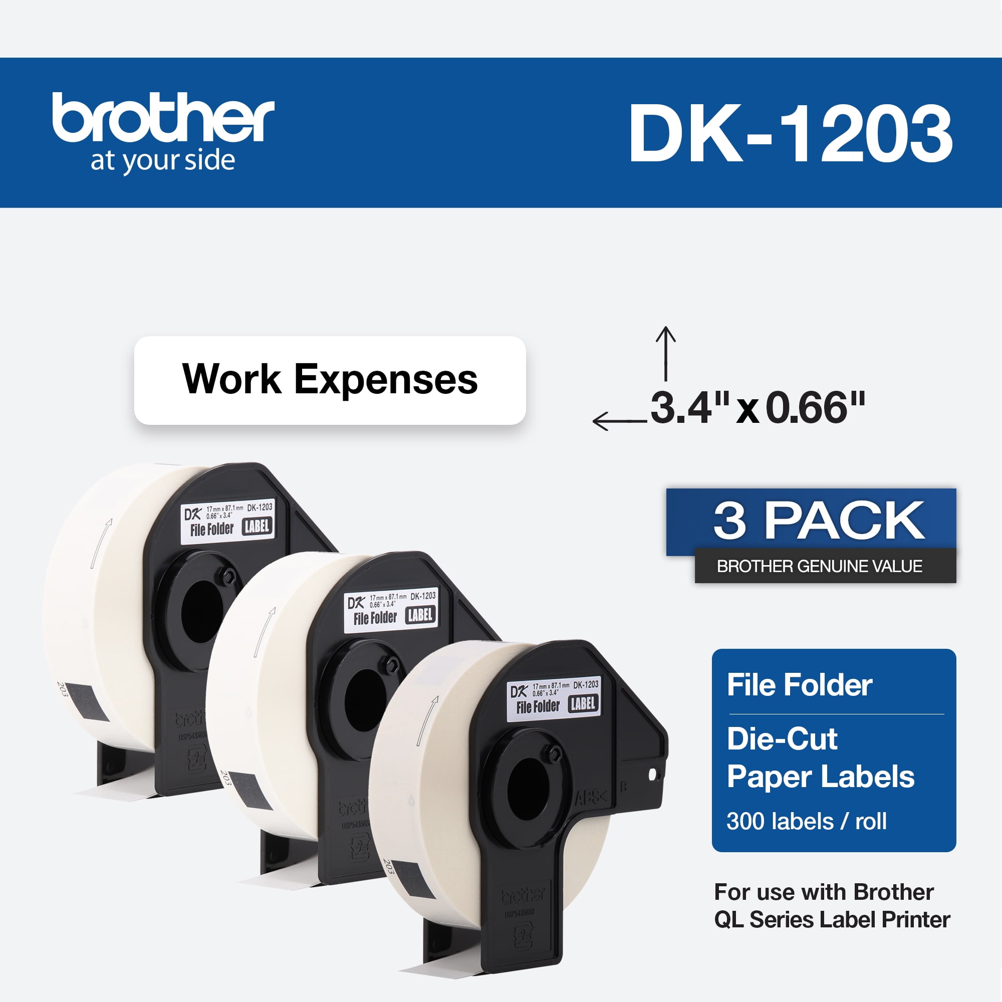 Brother Genuine DK-12033PK Die-Cut File Folder Labels, Long Lasting Reliability - 3 Rolls per Box